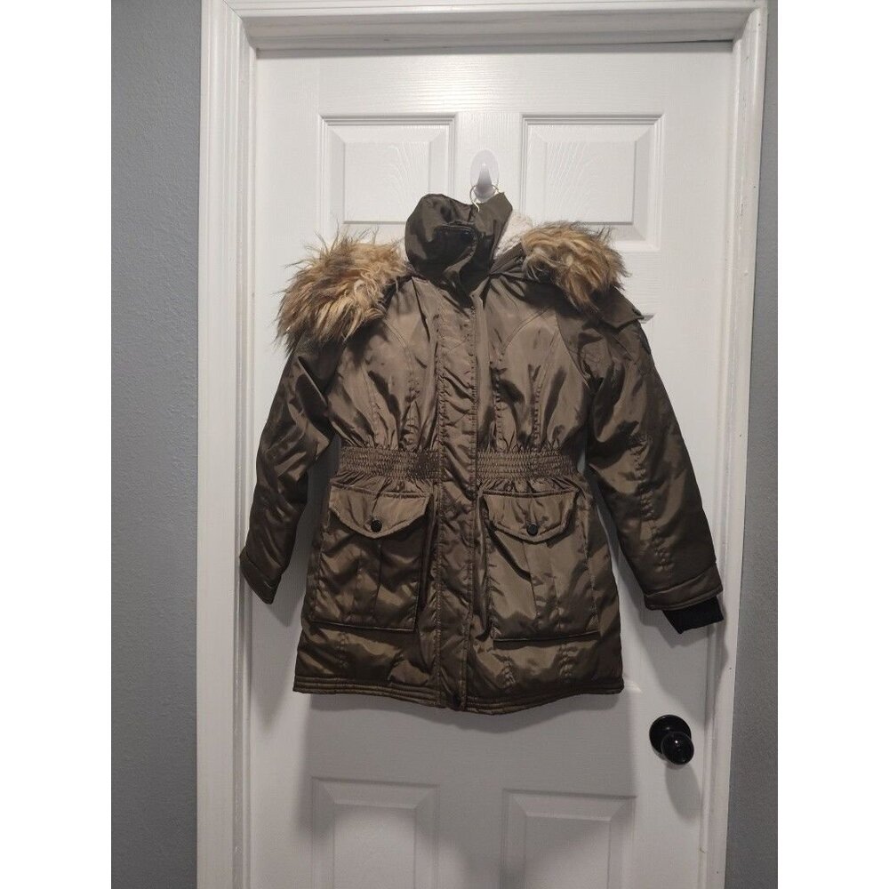 Madden Girl Size LARGE 14 Army Green Anorak Winter Jacket Parka Hooded Faux Fur